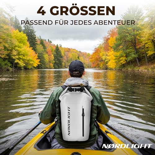 Nordlight Dry Bag wasserdichte Tasche mit Handyhülle + Roll-Top, Schultergurt | Drybag wasserfester Rucksack Beutel Packsack Seesack Wassersack Wetbag | Baden Schwimmen Strand SUP – Weiß, 10 Liter