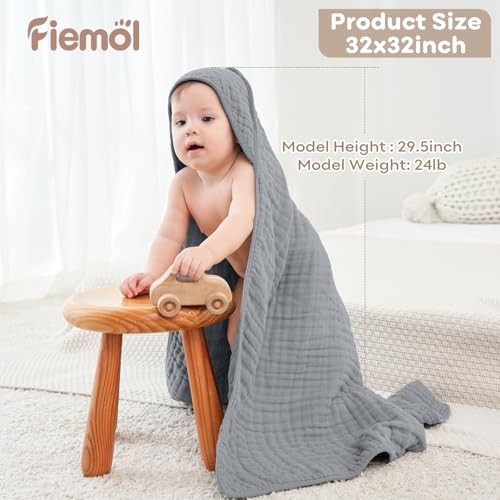 Image of Baby Bath Towels, 100% Muslin Cotton Hooded Baby Towels for Newborn, 2 Pack Baby Towels with Hood for Infant Toddler and Kids, Large 32x32Inch, Soft and Absorbent
