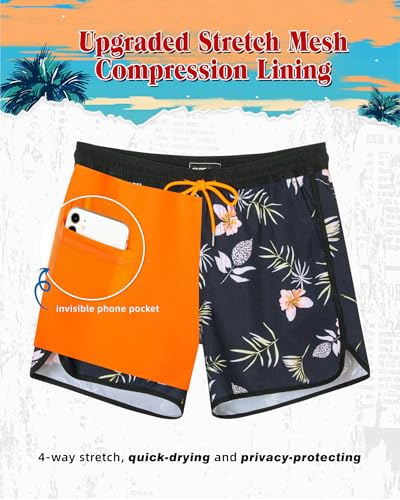SURF CUZ Mens Swim Trunks with Compression Liner 5" Swimming Trunks 5 Inch Retro Swim Shorts with Zipper Pockets3