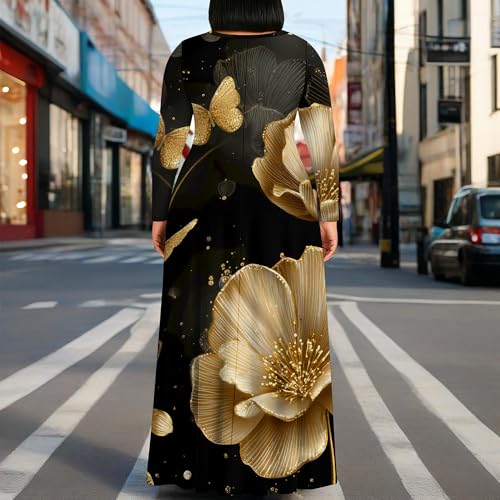 Image of PinkPatty Plus Size Maxi Dress for Curvy Women Crew Neck Long Sleeves Casual Dress Vacation Sundresses with Pockets
