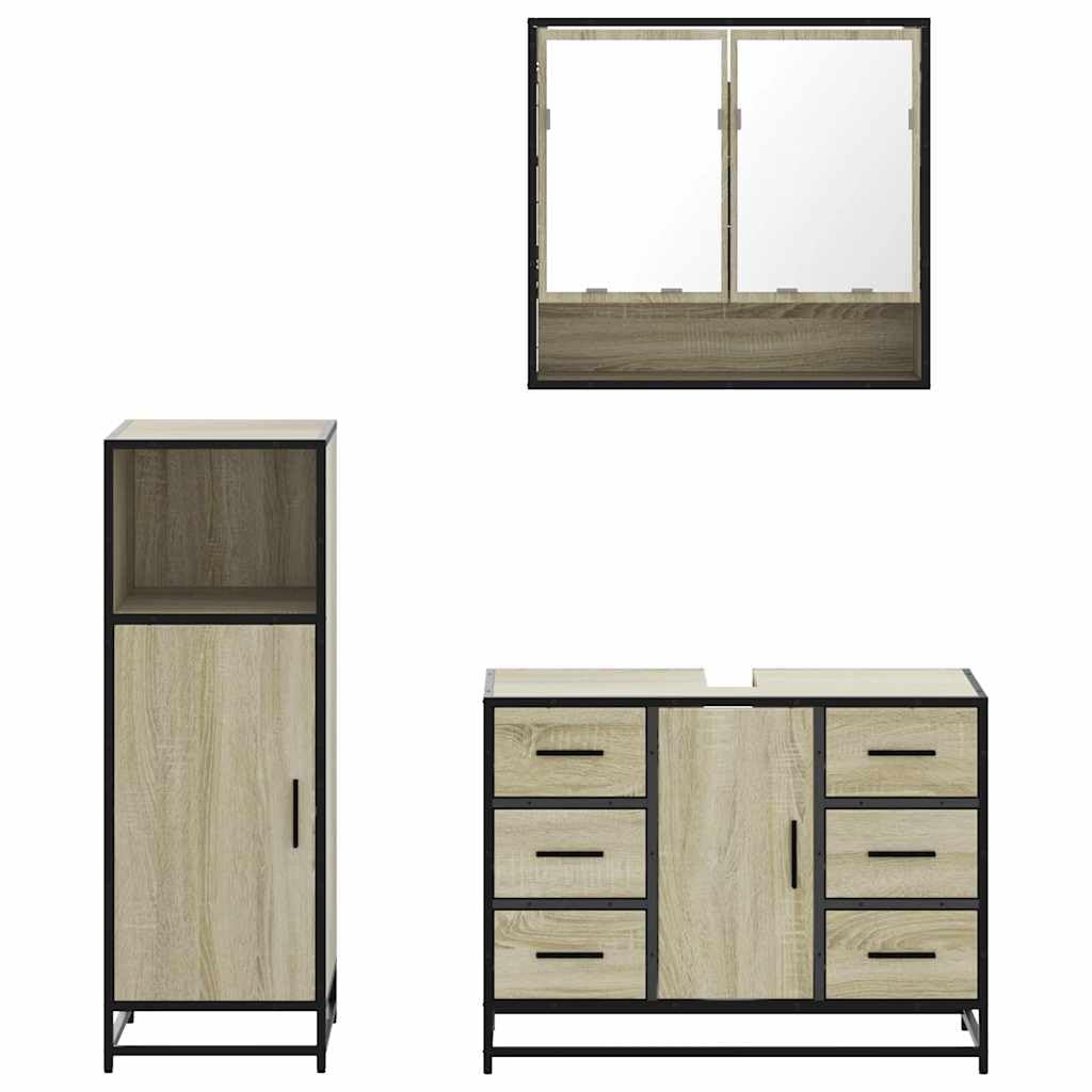 3-TLG. Badmöbel-Set Sonoma-Eiche Holzwerkstoff mit Spiegel, Waschbeckenunterschrank und Badezimmerschrank für Badezimmer, Stauraum, Wandmontage, platzsparend, langlebig, modernes Design