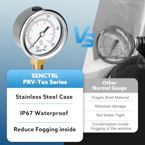 Image of SENCTRL 0-200 psi Pressure Gauge, 2 inch Dial Size, 1 /8 NPT Lower Mount, Anti-Fog, Waterproof, Stainless Steel Case, for Pneumatic Regulator Air Compressor Portable Tank Water Tire Test