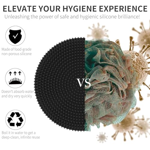 Image of Silicone Body Scrubber & Bath Brush for Deep Cleaning and Exfoliation | Soft Bristles, Non-Slip Grip, Hygienic & Reusable Body Exfoliator for Men & Women (Round-Black)