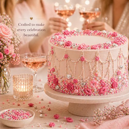 Image of Confect Pink Mini Roses, Silver Hearts, Vermicelli & White Pearls - Vegan, Gluten-Free, Nut-Free, Soy-Free, Dairy-Free Cake & Baking Sprinkles - Perfect for Anniversaries & Special Occasions - 140 Gms