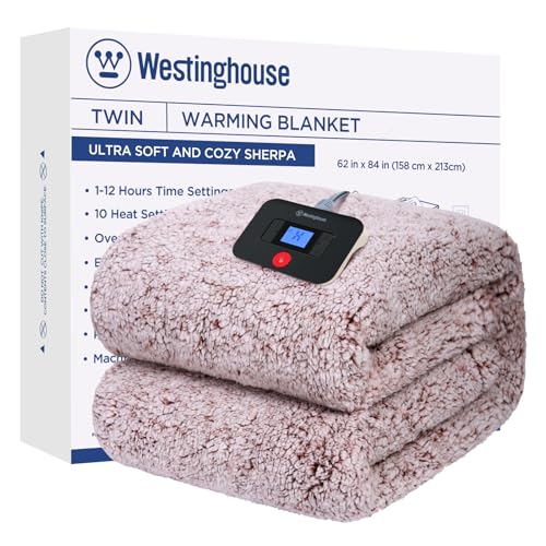 Westinghouse Electric Blanket Twin Size, Soft Plush Sherpa Heated Blanket with 10 Heating Levels & 1-12 Hours Auto-Off, Machine Washable, 62x84 inches, Rust