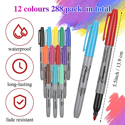 Image of Teling 288 Pcs 12 Colors Permanent Markers Fine Colored Markers Assorted Colors Marker Pens Waterproof Works on Paper, Plastic, Wood, Metal and Glass for Adult Coloring Doodling