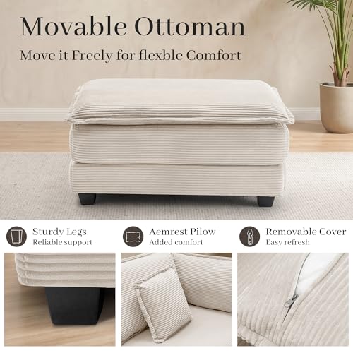 Image of 78.4 inch Corduroy Loveseat Sectional, Small L Shaped Sofa Couch with Ottoman for Apartment, Office, or Bedroom, Beige