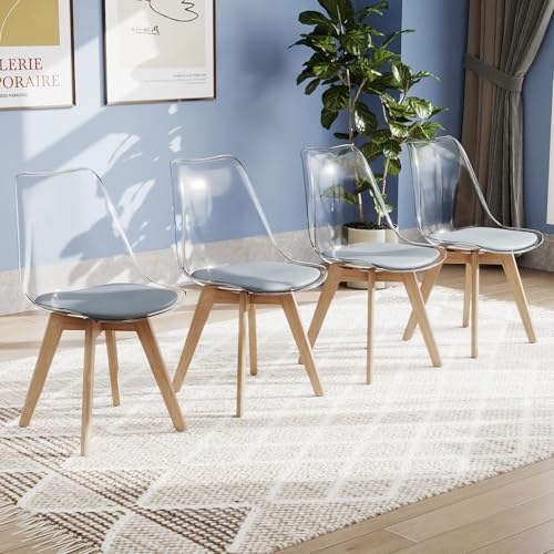 COSTWAY Lot de 4 Chaises de Salle à Manger Scandinave, Chaise Cuisine Transparente, Pieds Inclinés en Bois de Hêtre, Siège Rembourré en Simili Cuir, pour Cuisine,...