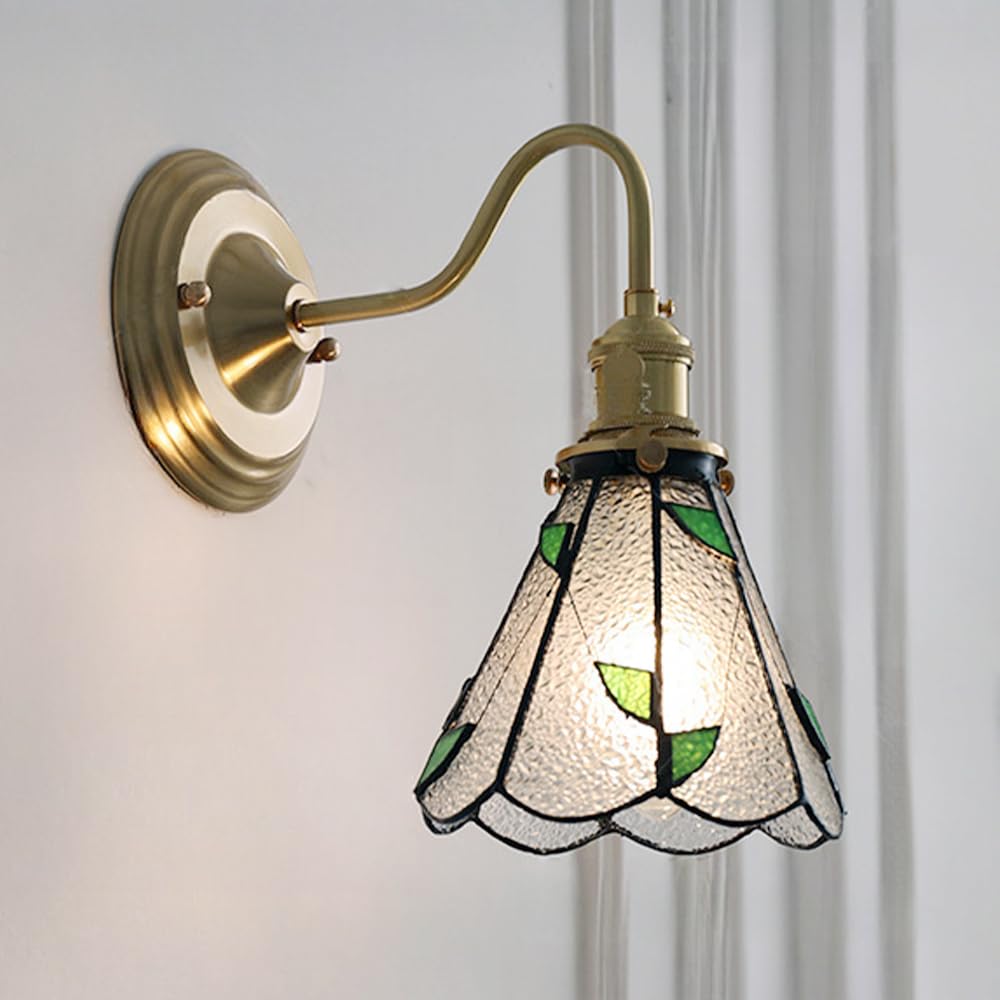 Applique da Parete Vintage a 1 Luce, Paralume in Vetro colorato, Lampada da Parete in Ottone con Interruttore, lampade da Parete per Interni con Decoro a Scacchi, Lampada da Parete per Bagno, Cam