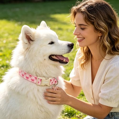 Image of ARING PET Girl Dog Collar, Cute Pink Bow Girly Doggy Collars for Puppy Small Medium Large Female Dogs Pet, for Daily Photos Outdoor Walking Hiking Picnic, L