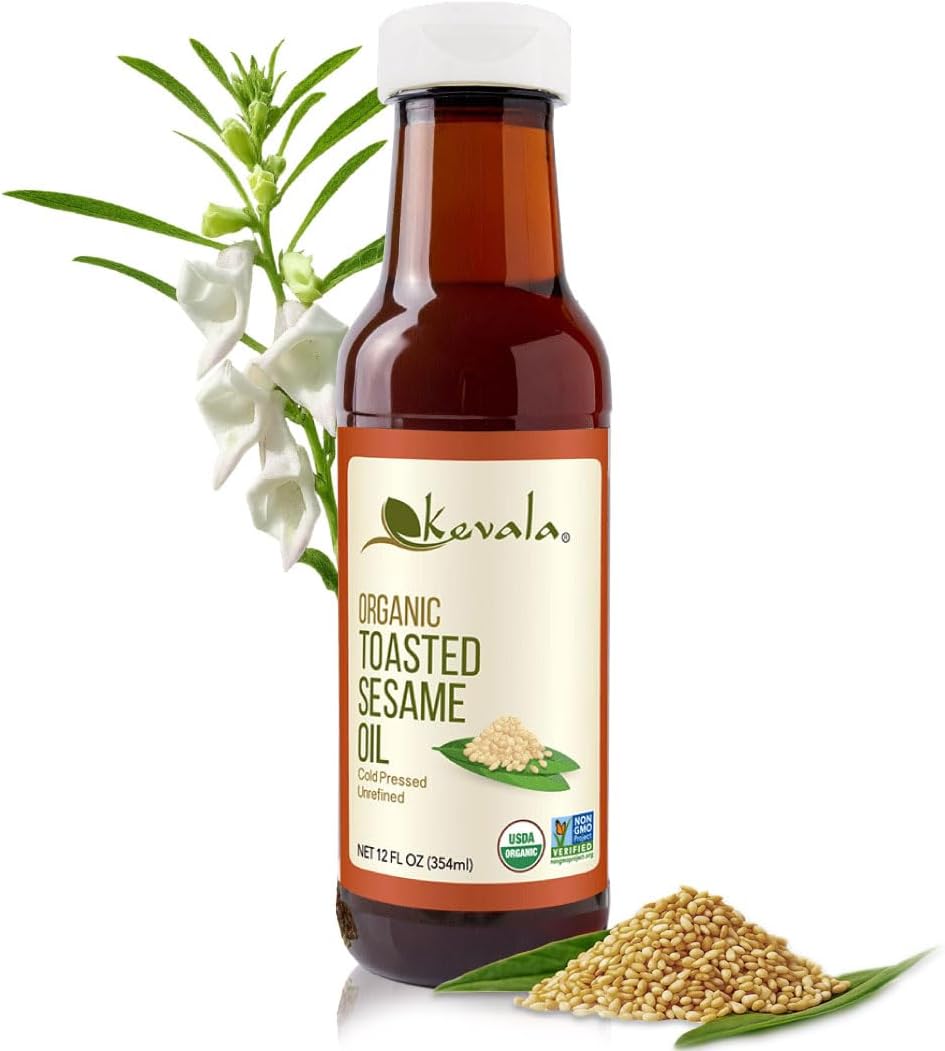Kevala Organic Toasted Sesame Oil - Cholesterol-Free Oil with Antioxidants and Essential Vitamins for Daily Cooking and Baking, Great in Asian-Style Recipes, Kitchen Pantry Essential, 12 oz, 354 ml