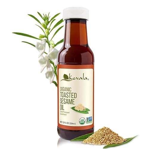 Kevala Aceite de sésamo tostado orgánico, aceite sin colesterol con antioxidantes y vitaminas esenciales para cocinar y hornear diariamente, ideal
