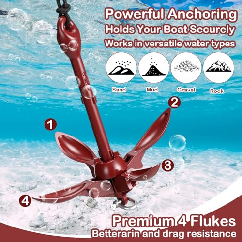 Image of MorningRo 1 Pack 1.5 /3.5 lb Marine Kayak Anchor Kit with 40ft Rope and Buoy Folding Grapnel Boat Anchor Kit Kayak Fishing Accessories for Small Boats, Canoe, SUP Paddle Boards