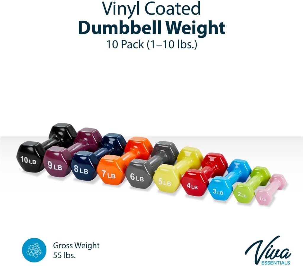 VivaEssentials Vinyl Coated Dumbbells Hand Weight Set 10 Pack (1-10 lbs.)