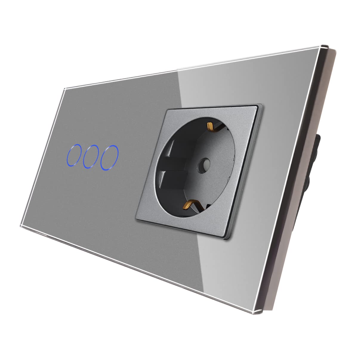CNBINGO - Interruttore touch smart con presa Schuko da incasso con cornice in vetro, interruttore Wi-Fi per luci, funziona con Alexa, Google Assistant, interruttore a parete triplo in grigio