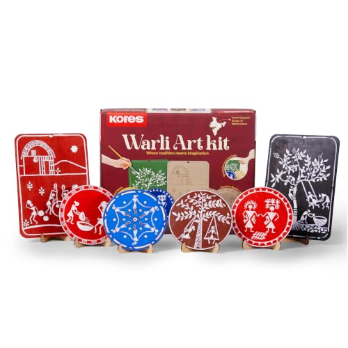 Image of Kores Warli Art Kit for Kids | DIY Indian Folk Art Painting Kit | 4 Illustrated Coasters + 2 Wall Hangers + Stands | Acrylic Colours, Sketch Pens, Brushes & Manual | Creative Art & Craft Kit for Age 8-99