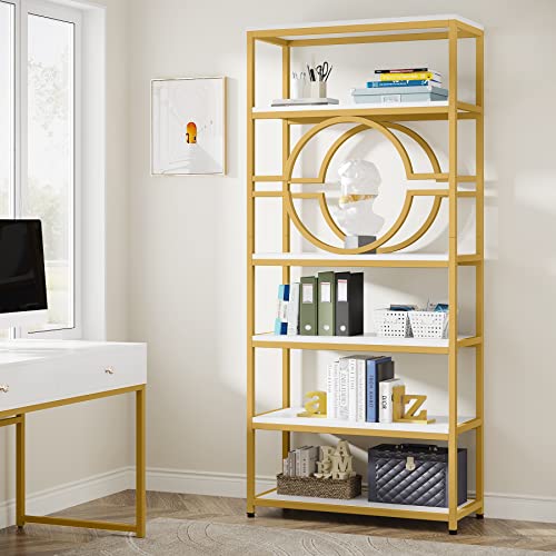 Image of Tribesigns 6-Tier Bookshelf, 74.2 inch Tall Bookcase Metal Book Shelf, Freestanding Storage Shelves Modern Bookshelf for Home Office Living Room Bedroom (White /Gold, 1PC)