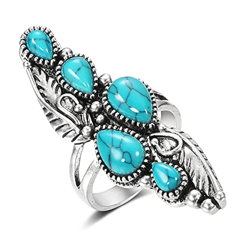 Vintage Turquoise Flower Leaf Statement Ring for Women Girls Oxidized Silver Plated Black CZ Boho Filigree Wide Band Finger Rings Comfort Fit Bohemian Indian Bollywood Wedding Birthday Retro Jewelry Size 8