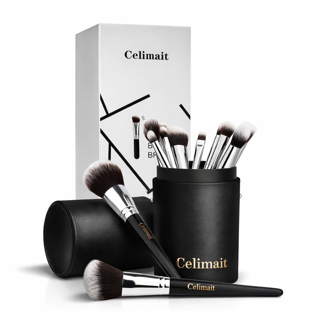 Makeup Brushes Set 12 Piece Professional & Beginner Friendly, Soft Synthetic Bristles for Face Eyeshadow Blending, Easy to Clean Travel Ready with Case, Ergonomic Wooden Handle (Light Black)