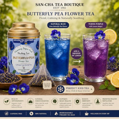 Image of Sancha Tea Boutique, Butterfly Pea Flower Herbal Tisane, 25 Pyramid Bags x 2, Caffeine Free, Brews Vibrant Blue or Purple, Perfect for Iced Beverages