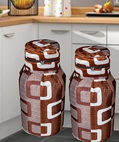 Image of Polyester 3-Layered LPG Gas Cylinder Covers with Zip Enclosure Pack of 2- (Color-Geometric Brown, Size-26x14 Inches)