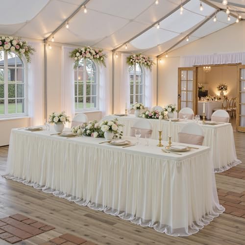 familus Ivory Table Cloths 6 Foot Rectangle 4 Pack Stretch Ruffle Tulle Tablecloth Spandex Fitted Table Cover for 6 Foot Tulle Table Skirts for Party Wedding Table Cloths, Banquets by familus - Used condition - Image 7