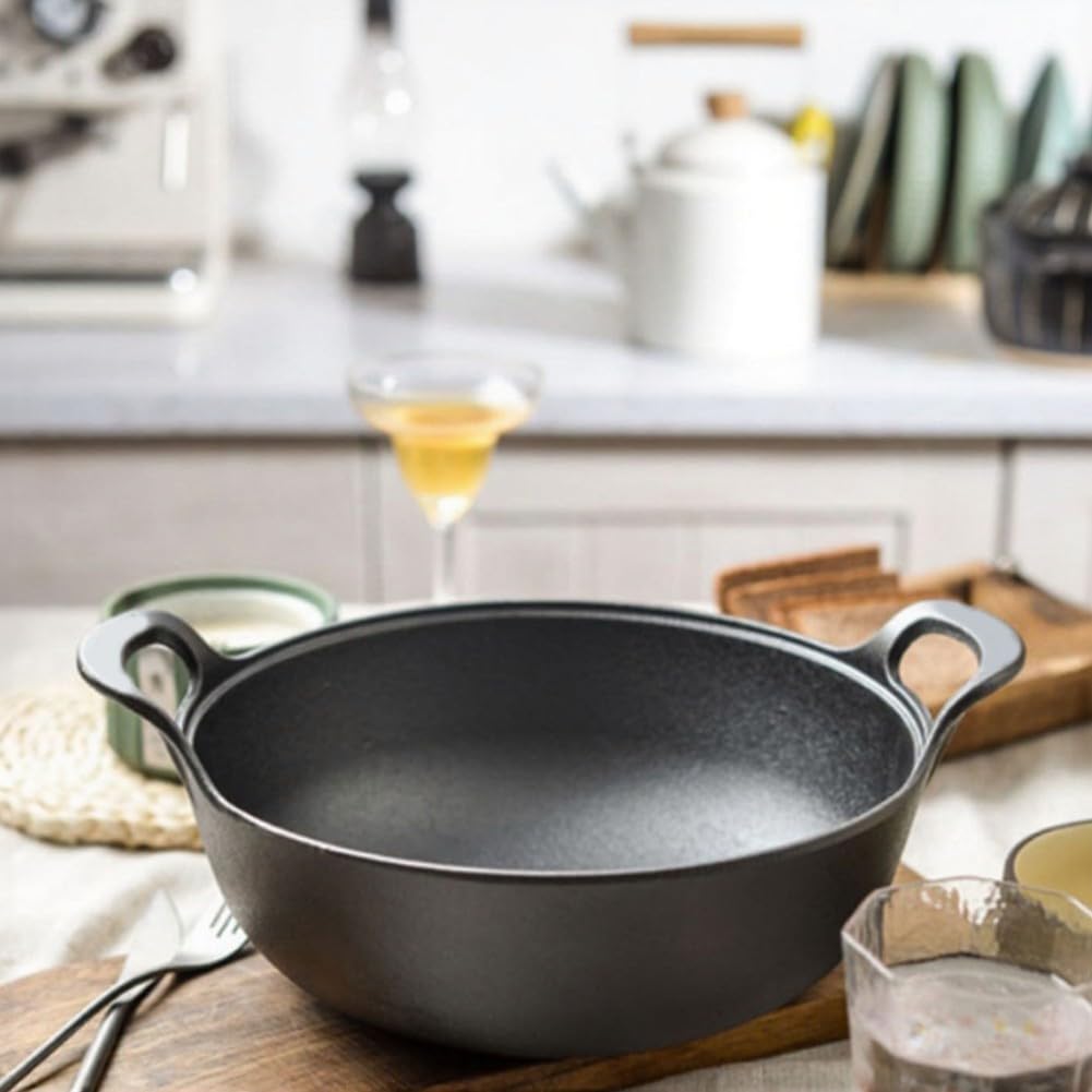 Wok sin revestimiento para hierro fundido con tapa de madera – Base plana para inducción, sartén de 25 cm