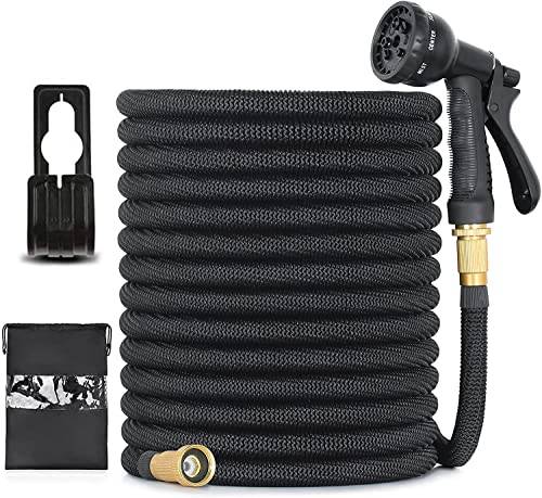 Tuyau d'arrosage Rétractable Antigel avec Vanne d'arrêt Buse de Pistolet à 8 Fonctions avec Raccord de 3/4' et 1/2' en Laiton Support de Tuyau-pour Jardin, arrosage, Nettoyage (15m/50ft, NOIR)