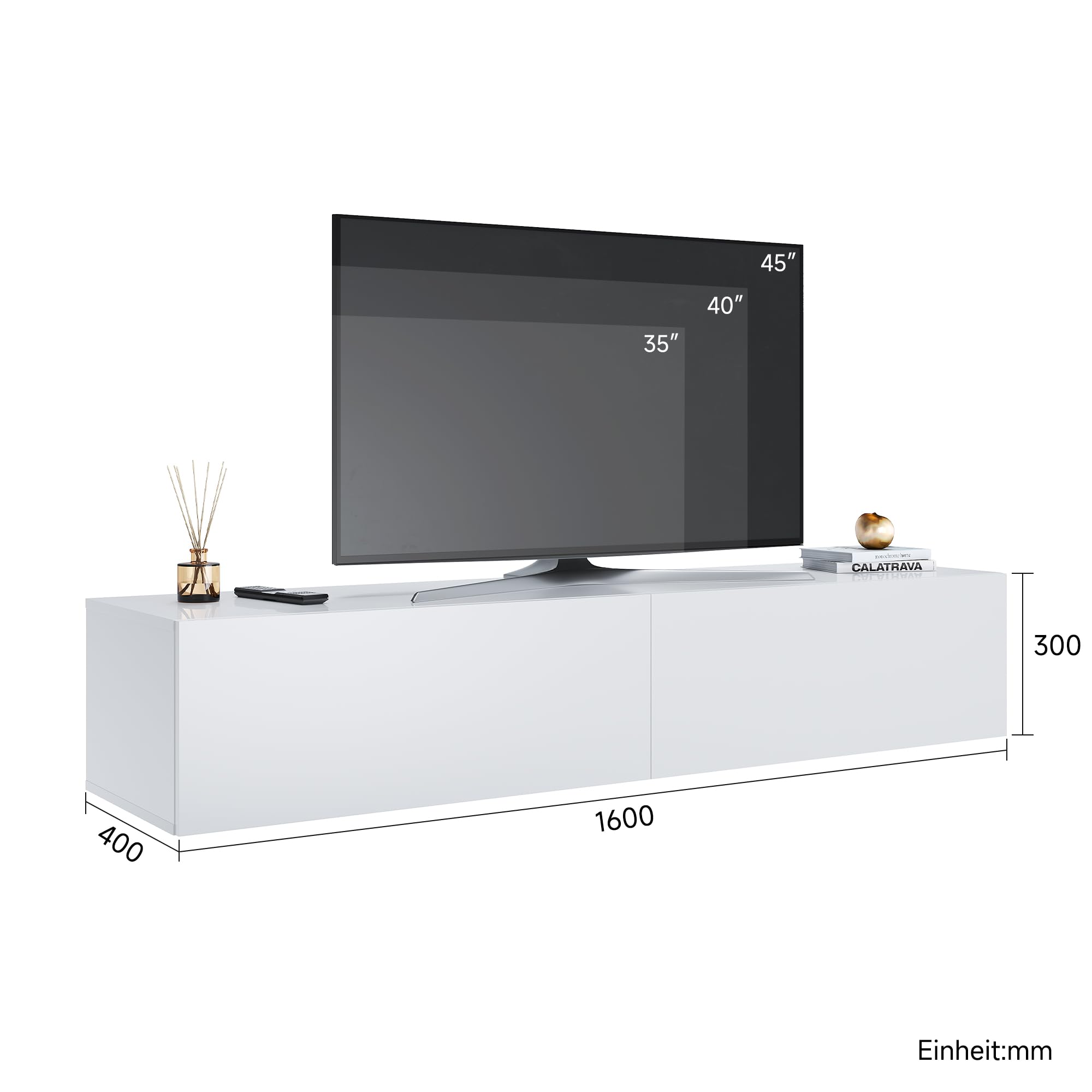 Mueble de TV colgante de 160 cm, moderno, mueble bajo para TV, color blanco, brillante, armario de pared, armario colgante moderno, muebles de salón, 160 x 40 x 30 cm