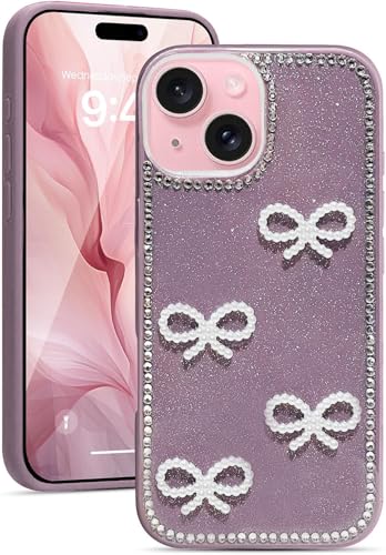 Image of DIZORO Compatible for iPhone 13 / iPhone 14 Cover 6.1, Luxury Diamond Cute with Bow Glitter Bling Case with Full Camera Protection PC+TPU Glossy Shiny Back Cover Case for Girls Women (Lavender)