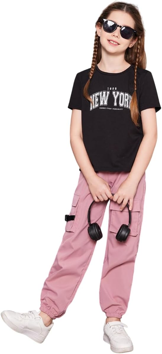 SOLY HUX Girl’s 2 Piece Outfits Letter Graphic Short Sleeve Tee Tops and Cargo Pants Cute Clothing Sets