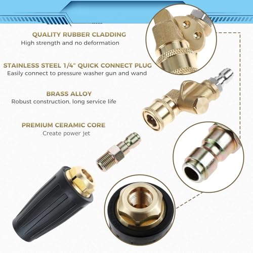 Image of 4000 PSI Pressure Washer Rotating Turbo Nozzle 4.0 GPM with 1 /4'' Quick Connector with 7 Pieces Spray Nozzle Tips Kit Multiple Degrees (0, 15, 25, 40, 65 Degrees, Rinse1, Soap2)