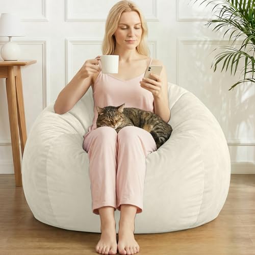 Image of Stuffed Animal Storage Bean Bag Chair Cover for Adults (No Filler), Soft Comfy Velvet Beanbag Chair Cover Machine Washable, Adults Bean Bag Chair with Handle for Living Room Bedroom, White
