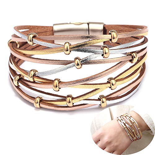 Jurxy Multilayer Leather Wrap Bracelet Silver Beaded Bohemian Braided Cuff Bangle Wristbands Wide Belt Jewelry for Women Girl â Gold and Silver