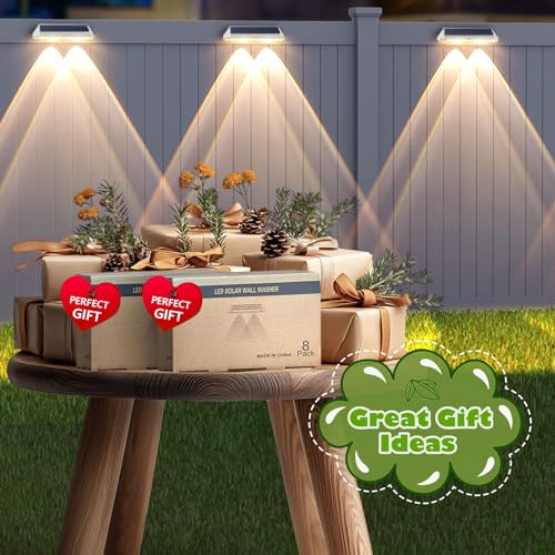 Solar Fence Lights Outdoor - 2700/4000/6000K 3 Modes, IP65 Waterproof Fence Solar Lights Outdoor, Fence Light Solar Powered for Patio Decor/Railing/Step and Wall - Unique Housewarming Gifts(8 Pack