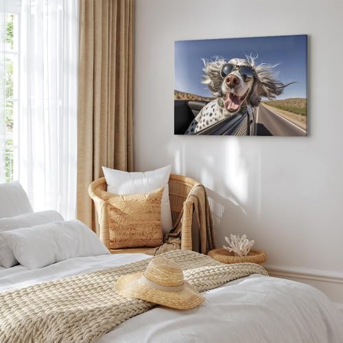 murando - Wandbilder XXL Hund lustig 120x80 cm 1 tlg - Wand Deko Leinwand Bilder Groß Wanddeko Wohnzimmer Schlafzimmer Kunstdrucke Bild lachender Hund English Setter Auto g-H-10029-b-a