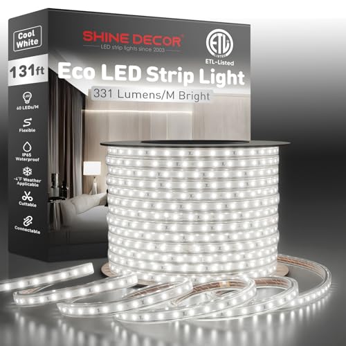 Image of Shine Decor LED Strip Light Easy Connectable, 6000K Cool White Cold Resist Weatherproof Plug-in for Indoor Outdoor, 101 LM /FT Dimmable Bright Eco Rope Lighting 131FT, 120V Whole Set ETL Listed