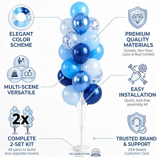 Image of Hiins 38Pcs Metallic Blue Balloon Column Kit Set of 2 for Wedding Party Decor