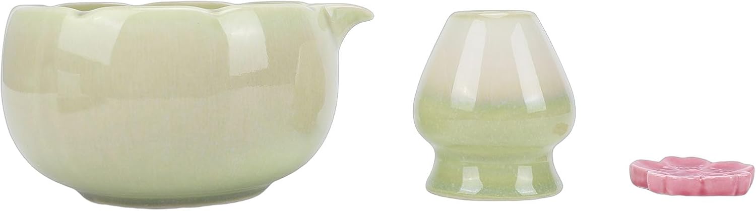 Matcha Tea Set Ceramic Petal Shape Perfect Matcha Bowl Set 500ml Smooth Whisk for Authentic Ceremony Ideal Lover Gift (Green)