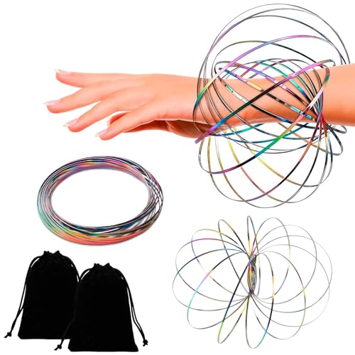 2 Stück Durchflussringe Spielzeug, Zaubertricks Bunt Geometrischer Spiel Anti Stress Spielzeug Flow Armband 3D Arm Edelstahl Spirale Multisensorisch Pädagogisch Interaktiv für Tägliche Freizeit