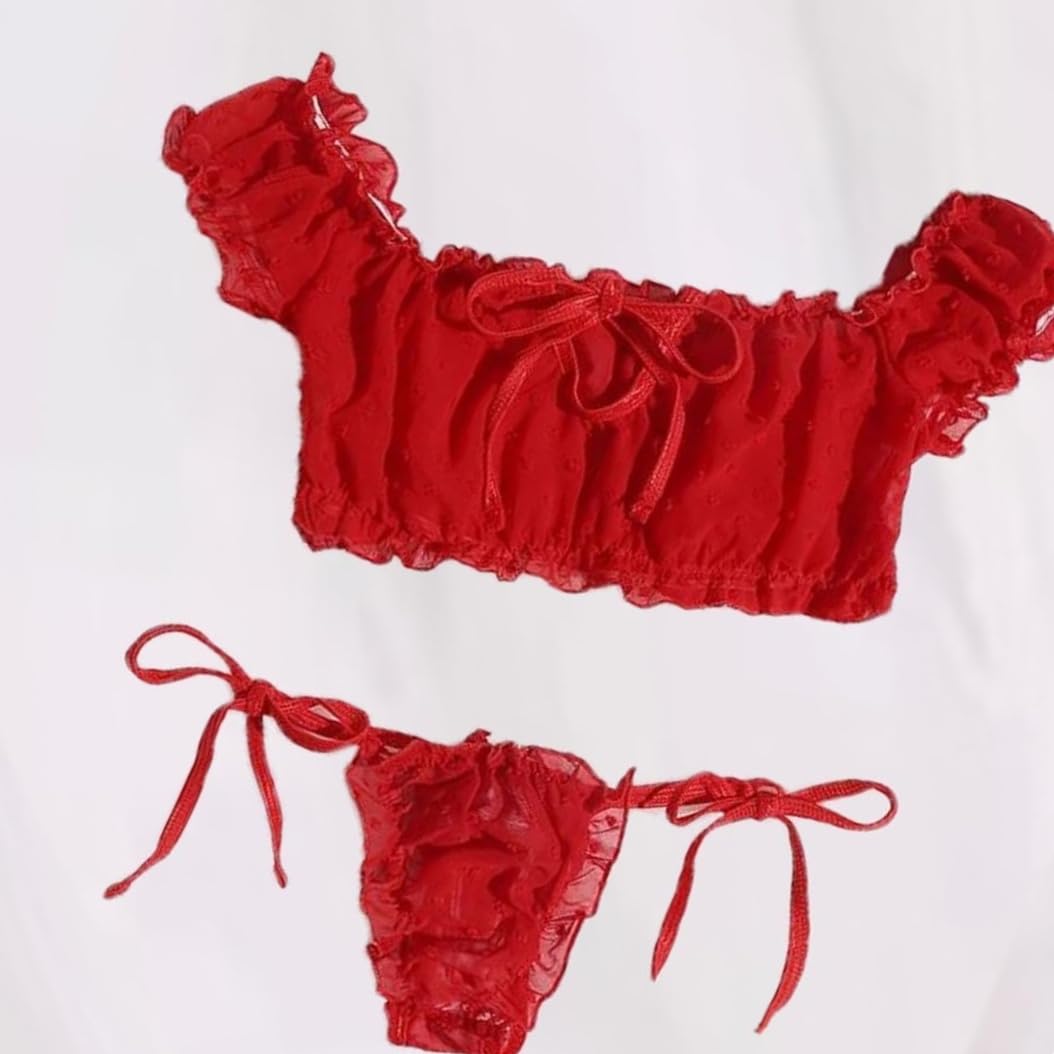 WBDWWTD Damskie seksowne biustonosze i majtki w kropki komplety bielizny Babydoll Strappy przezroczyste wykończone frędzlami bielizna z uroczą kokardką G String
