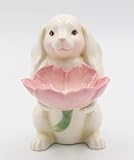 Cosmos Gifts Fine Ceramic Bunny Rabbit Holding Pink Tulip Flowers Candy Candle Plate Figurine, 6-1/4