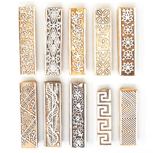 Image of Hashcart Wooden Stamp Block, Printing Stamp Design Set | Block for Printing Saree Border | Dresses, Craft Card Making, Scrapbook, Clay Pottery | Set of 10