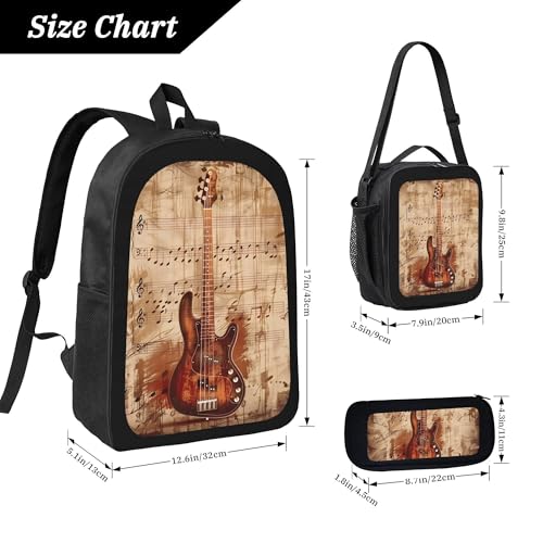 Retro Music Guitar 3 Pcs 17 Inches Backpack Set With Insulated Lunch Bag And Pencil Pouch Large Back Pack For Men Women Lunchbox Pencil Case Waterproof Backpacks Lunch Box 3 Piece Daypacks4