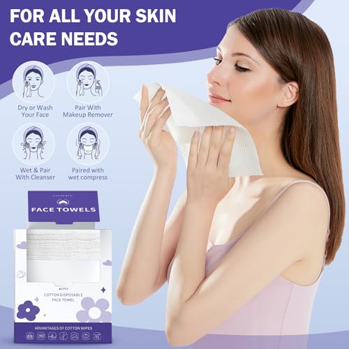 FFEWAFP Face Towels, Disposable Face Towelette, Makeup Remover Dry Wipes 100 Count(2 Box), Soft Cotton Dry Wipes Facial Cloths Towelettes for Washing and Drying, Facial Tissue for Cleansing, Skincare