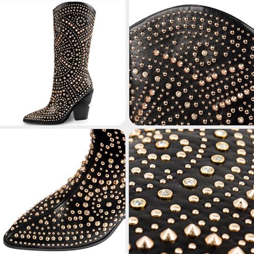 Image of iiimmu Womens Boots Pointed Toe and Chunky Heel Boots for Women Luxurious Studded Boots Tall Boots with Metallic Rivets, White /Black Size US 5-12
