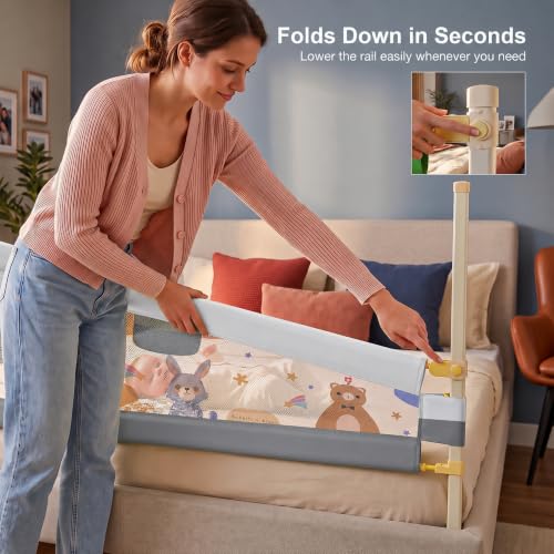 Image of BAYBEE Baby Bed Rail Guard (150x80cm) | Bed Railing for Baby Safety with 28 Height Adjustable Bedside Protector for Babies Falling | Foldable Bed Safety Guard for Kids (1 Side, Grey /White)