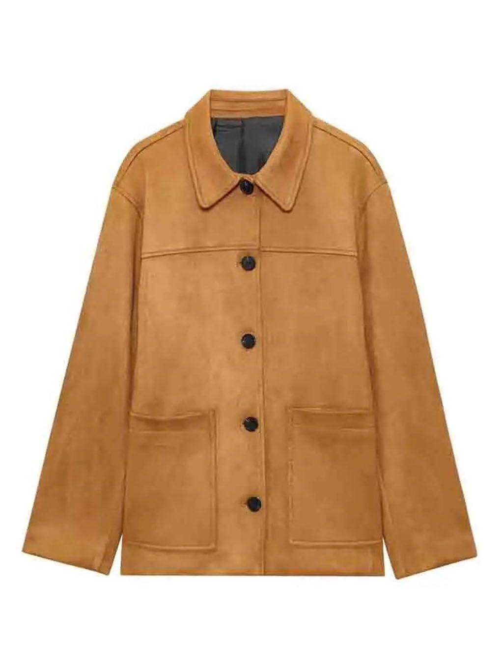 Ropa de abrigo elegante de corte recto con bolsillos grandes para mujer, de piel de ante de color liso, de manga larga