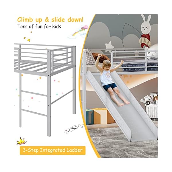 Giantex twin loft bed with slide metal low bunk bed wsafety guardrails built in ladder toddler bed floor frame for boys girls no box spring needed silver  urban country home decor