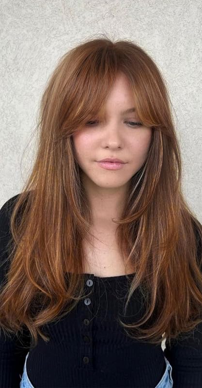 LANOVA Chotolate Brown with Blonde Highlights Straight Wigs,Long Layered Brown Wig for Woman,Balayage Face Franming Wig with Curtain Bangs LANOVA-294